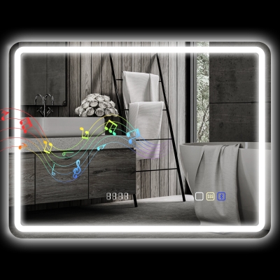 HOMCOM Badezimmerspiegel mit LED-Licht 80x60 cm mit Bluetooth 3 Lichtfarben Digitale Uhr Anti-Beschlag-Memory-Funktion