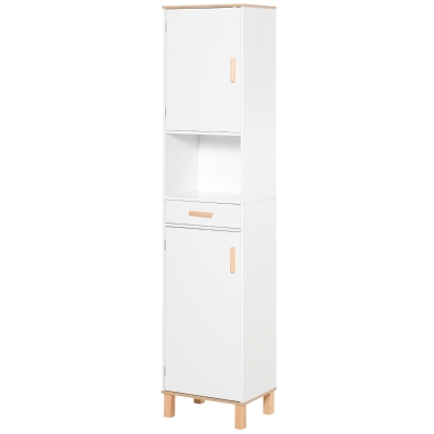 kleankin Badschrank Platzsparend aus Holz, Hochschrank mit Schränken und Schublade, 39x30x180cm, Weiß