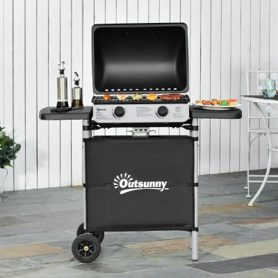 Outsunny Gasgrill mit Deckel, 5,6 kW Brenner, BBQ und Rädern, 104x49x99cm