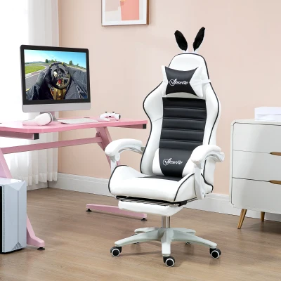 Vinsetto Gaming-Stuhl mit Lordosenstütze, höhenverstellbar, neigbarer Rückenlehne, Hasenohren und Kopfstütze, schwarz