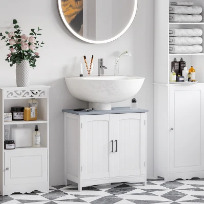 kleankin Meuble Sous Lavabo Blanc avec Étagères Réglables