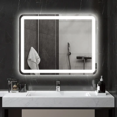 HOMCOM Rechteckiger LED-Badezimmerspiegel mit Anti-Beschlag-Funktion, einstellbarer Helligkeit, Speicherfunktion 70 x 90 cm Silber