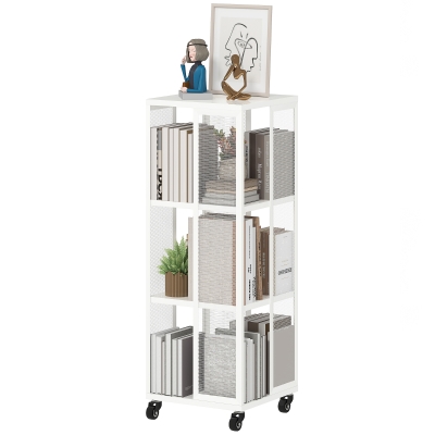 HOMCOM Modernes 3-stöckiges Metall-Drahtgitter-Bücherregal mit Rädern, 35x35x99 cm, Weiß