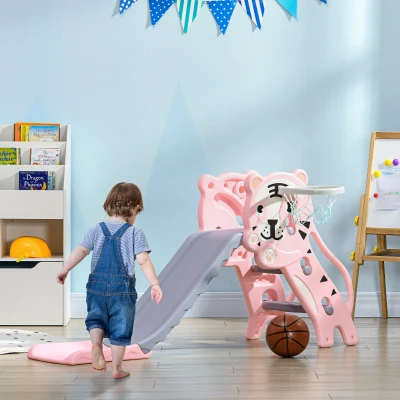AIYAPLAY Kinder Rutsche 18-36 Monate mit seitlichem Basketballkorb, aus Kunststoff, 133x60x70 cm, Rosa und Grau
