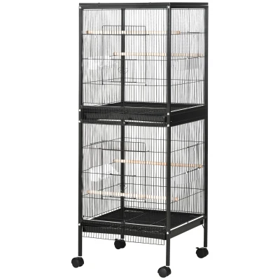 PawHut Vogelkäfig Voliere für Innenbereich mit Rädern und Herausnehmbaren Schubladen, 51,5x50x140 cm, Schwarz