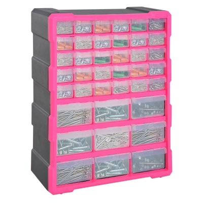 DURHAND Kunststoff-Schubladenbox für Kleinteile mit 39 transparenten Schubladen, Wand- oder Bodenmontage 38x16x47,5 cm Rosa