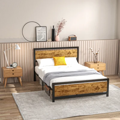 HOMCOM Einzelbettgestell aus Holz und Stahl mit Industriedesign Lattenrost, 140x200cm