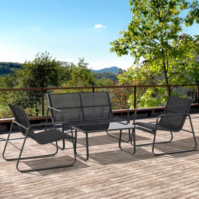Outsunny Set Tisch mit Bank und 2 Stühlen für den Garten, Gartenmöbel-Set aus Metall und Texteline, Schwarz