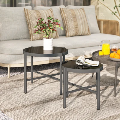 Outsunny Set aus 2 Garten-Couchtischen mit gehärteter Glasplatte, schwarzem Aluminiumgestell