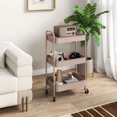 HOMCOM Küchenwagen mit 3 Ebenen, mit Griffen und 4 Rollen, aus Stahl, 45x30,6x79 cm, Rosa