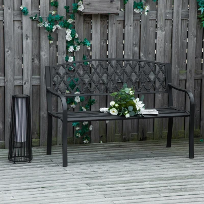 Outsunny Gartenbank im Freien 2 Personen mit Armlehnen aus Stahl und Gusseisen, 128x58,5x89cm, Schwarz