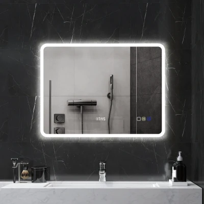 HOMCOM Badezimmerspiegel mit LED-Licht 80x60 cm mit Bluetooth 3 Lichtfarben Antibeschlag-Funktion Speicher IP44
