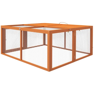 PawHut Kaninchenstall für den Außenbereich Klappbar für 2-3 Nagetiere mit Mehreren Eingängen, aus Holz und Stahl, 110x105x50 cm, Orange