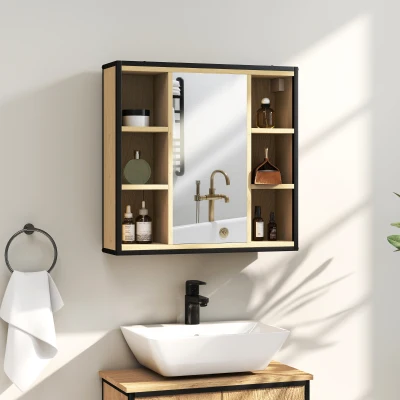 HOMCOM Armário de Casa de Banho com Espelho Prateleira Ajustável e 6 Compartimentos Abertos 60x16x58,5 cm Madeira