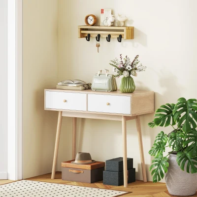 HOMCOM Konsolentisch mit 2 Schubladen und Holzfüßen, für Wohnzimmer, Eingang, Flur, 86 x 35 x 75 cm, Eiche und Weiß