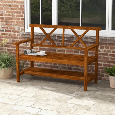 Outsunny Gartenbank 2-Sitzer aus Holz mit Regal und Armlehnen, 125x58x88cm, Holz