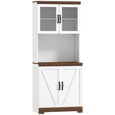 HOMCOM Armário de Cozinha com 2 Portas de Vidro Prateleiras Ajustáveis Bancada e Sistema Anti-Tombo 72x40x178 cm Branco e Madeira