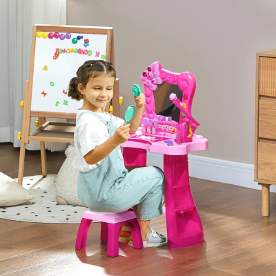 AIYAPLAY 15-teiliger Kinderschminktisch mit Hocker und Spiegel, Licht, Musik, Mikrofon, Haartrockner, Aufbewahrungsfach