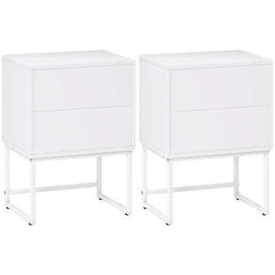 HOMCOM Pack de 2 Mesitas de Noche Estrechas con 2 Cajones Apertura por Presión y Patas de Acero 40x30x55 cm Blanco