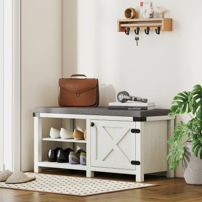 HOMCOM Zapatero con Asiento Compartimentos para 7 Pares de Zapatos para Entrada Salón Dormitorio 100x40x48 cm Blanco y Gris
