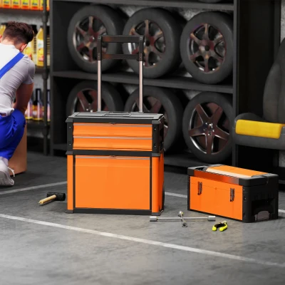 HOMCOM Stackable Rolling Tool Box 3-in-1 Orange