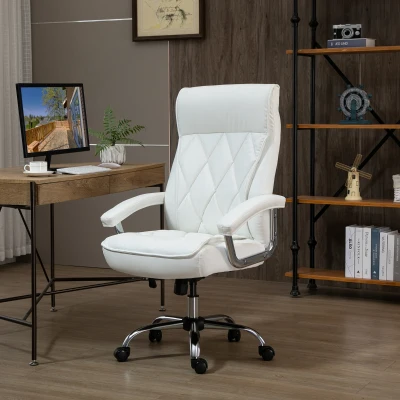 Vinsetto bureaustoel kantoorstoel gaming stoel draaistoel ergonomisch met wipfunctie in hoogte verstelbaar ruitpatroon modern elegant luxe PU leer metaal schuim wit 66x69x121 cm