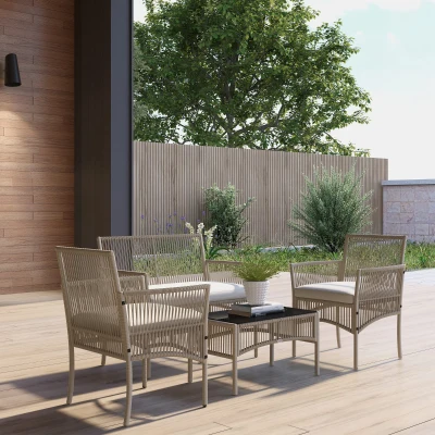 Outsunny Salon Jardin 4P Canapé 2 Places, Fauteuils, Table Verre