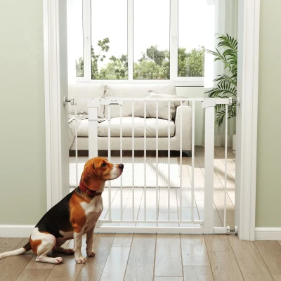 PawHut Barrera de Seguridad de Perros Extensible para Escaleras y Puertas 76-97 cm con 2 Extensiones de 7 cm Cierre Automático y Marco Metálico Altura 76 cm Blanco