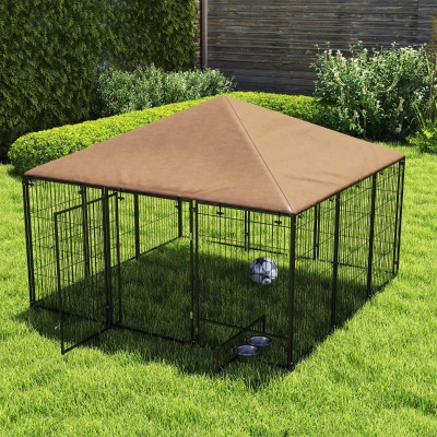 PawHut Hundezwinger im Freien aus Stahl und Oxford-Gewebe mit Napfhalter und Dach 211 x 211 x 151 cm Schwarz und Kaffee