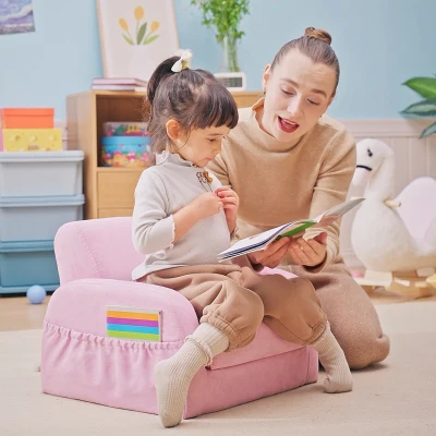HOMCOM Kids Armchair Sofa Bed Wood Frame Pink