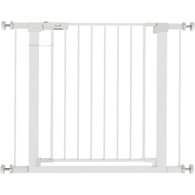 PawHut Barrera de Seguridad de Perros Extensible para Escaleras y Puertas 76-97 cm con 2 Extensiones de 7 cm Cierre Automático y Marco Metálico Altura 76 cm Blanco