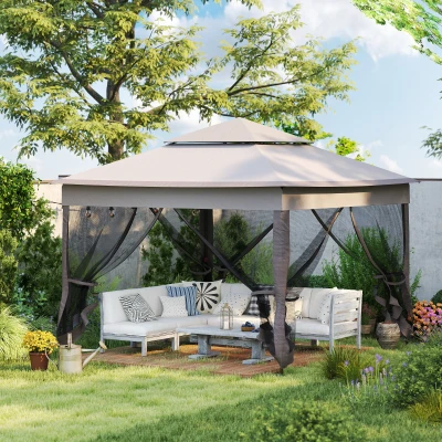 Outsunny Tenda Dobrável Exterior 325x325x270 cm Tenda de Jardim com Teto Duplo Rede Mosquiteira Amovível e Bolsa de Transporte Cinza