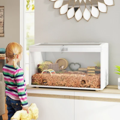 PawHut Jaula para Hámster Casa para Animales Pequeños con Tapa Abatible y Ventana de Acrílico Transparente 80x50x50 cm Blanco