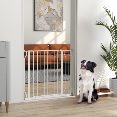PawHut Hundeschutzgitter, Absperrgitter, Zwei-Wege-Öffnung, Wandhalterung mit Druckknöpfen, verstellbar von 75 cm bis 95 cm, Weiß