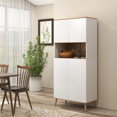 HOMCOM Alacena de Cocina con 4 Puertas Encimera para Microondas Estantes Ajustables Orificio de Cable y Patas de Madera Blanco