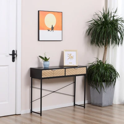 HOMCOM Mesa de Consola Estrecha con 2 Cajones Diseño de Líneas Talladas Estilo Moderna Negro y Roble