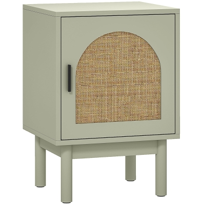 HOMCOM Mesilla de Noche con Puerta de Ratán Estante Ajustable y Patas de Madera Estilo Bohemio 40x35x58 cm Verde Claro