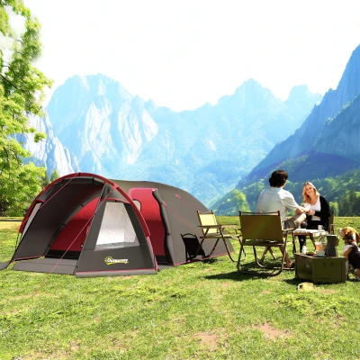 Outsunny Tenda da Campeggio 2-4 Posti con Stanze Separate Grigio