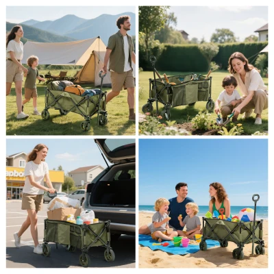 Outsunny Carro Plegable de Transporte con Mango Telescópico Tablero Plegable y 5 Bolsillos para Playa 108x55x93 cm Verde
