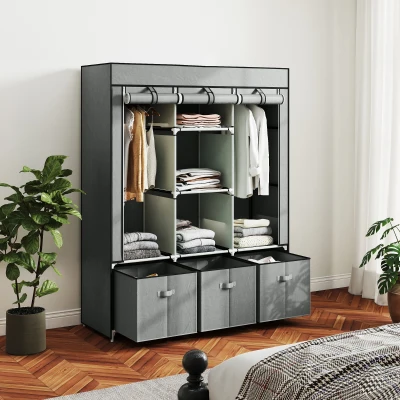 HOMCOM Stoffschrank aus Vlies, Faltschrank, inkl. 3 Schubladen, 125 cm x 43 cm x 162,5 cm, Hellgrau