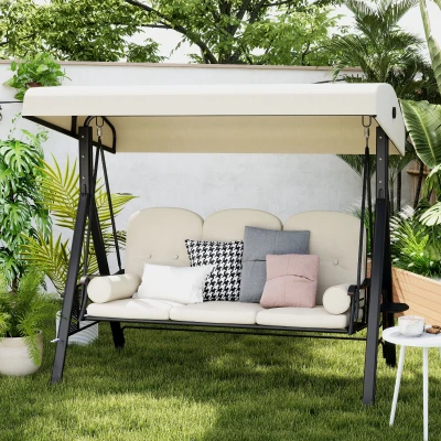 Outsunny Swing Chair Hammock 3 Seater Canopy Cushion Shelter Outdoor Bench Steel Beige Garden
