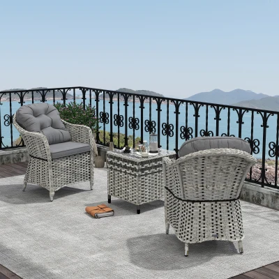 Outsunny 3 PCS Rattan Seating Set | 2 Armchairs & Table | Outdoor Patio Furniture, Bistro Set w/ Cushions Glass Tabletop