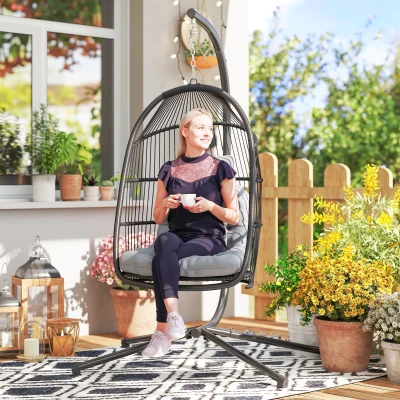 Outsunny Rattan Swing Egg Chair with Stand Dark Grey