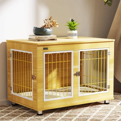 PawHut Dog Crate Furniture Oak Tone with Cushion Double Door