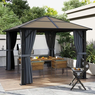 Outsunny 3 x 3m Garden Aluminium Gazebo Hardtop Roof Canopy Marquee Party Tent Patio Outdoor Shelter with Mesh Curtains & Side Walls - Grey