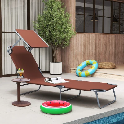 Outsunny Reclining Chair Folding Lounger Seat with Sun Shade Awning Beach Garden Outdoor Patio Recliner Adjustable (Brown)