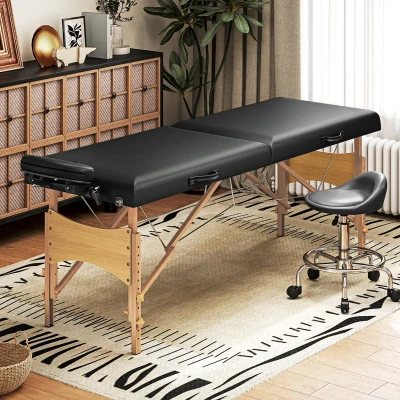 HOMCOM Höhenverstellbarer Massagetisch, Holzgestell, Klappbares Massagebett, Schaumstoffpolsterung, Schwarz