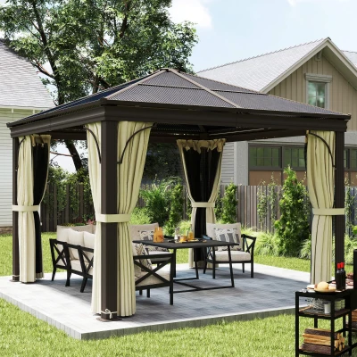 Outsunny 3 x 3 Meters Patio Aluminium Gazebo Canopy Marquee Party Tent Hardtop Roof Garden Shelter w/ Mesh & Side Walls