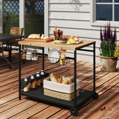 Outsunny Serveerwagen, Keukentrolley, 2 niveaus, 4 flessenhouders, Binnen/Buiten, Natuur/Zwart