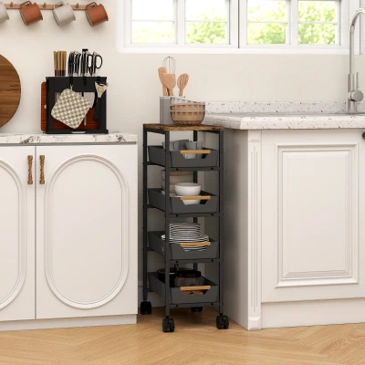 HOMCOM Carro de Cocina de 5 Niveles Carrito Auxiliar con Ruedas Tablero Efecto Madera Cajones Extraíbles 39,5x24x82 cm Negro
